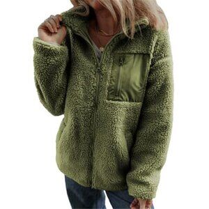 Womens Fleece Jacket Full Zipper Teddy Coat Long Sleeve Warm Winter Coat Pockets